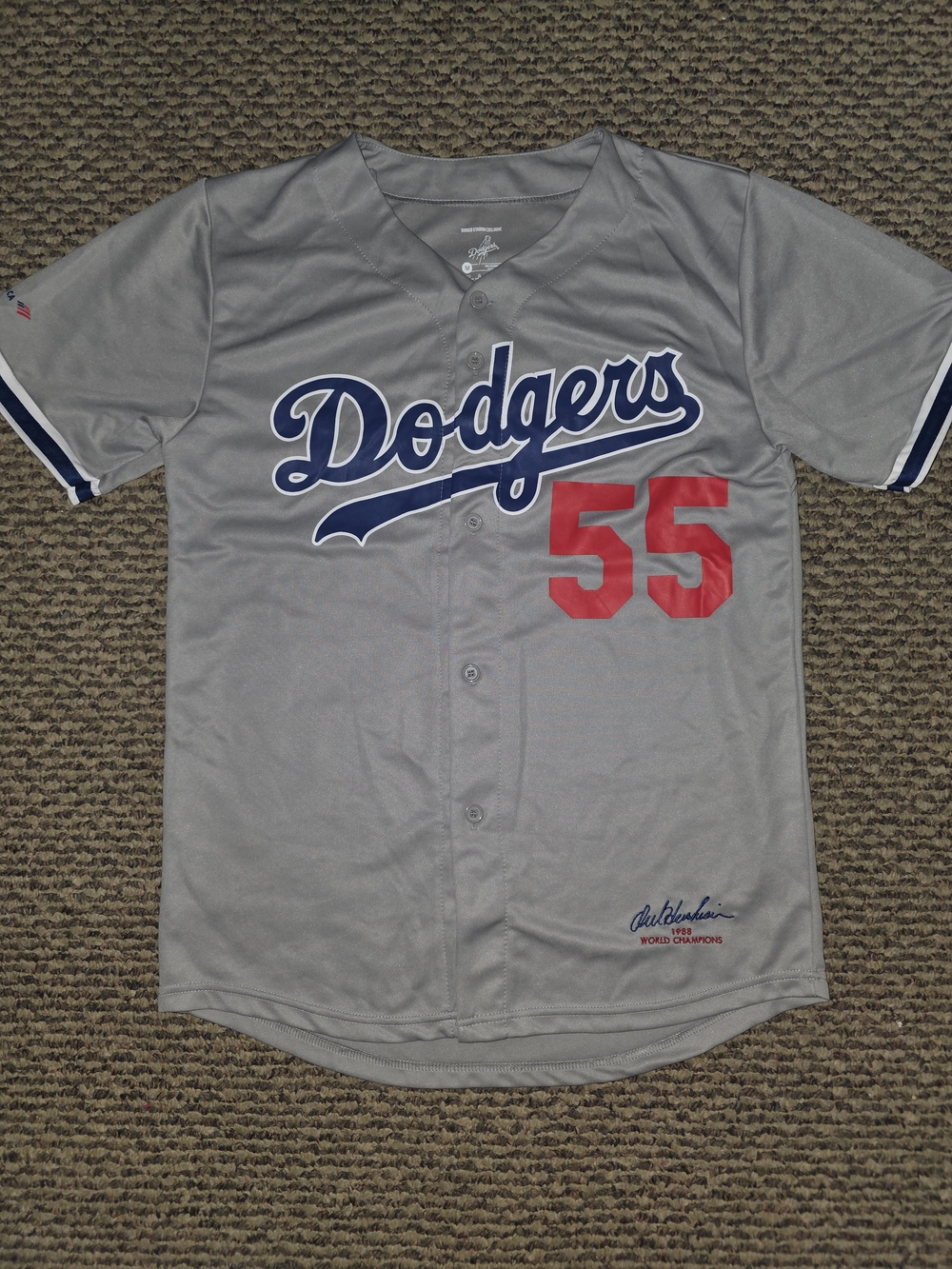MLB Dodgers Gray Jersey with Navy Script and Red 55